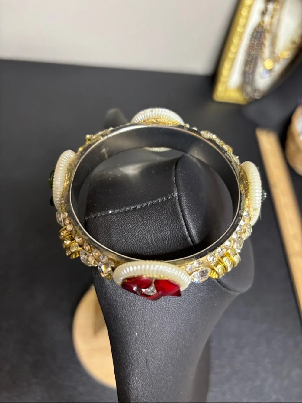Indian Rhinestone Floral Gild Silver Tone Bangle Bracelet